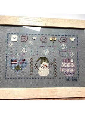Framed Winter Cross-Stitch Art With Snowman Mittens & Decorative Buttons